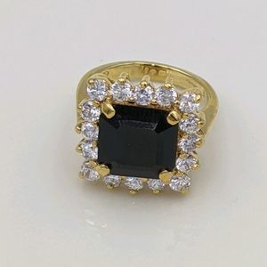 Sterling Silver 925 Gold Plated Black Onyx Princess Cut CZ Surrounded Ring Sz 5